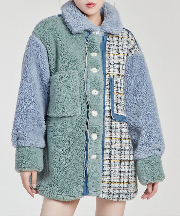 Mixed Texture Color Block Boa Coat